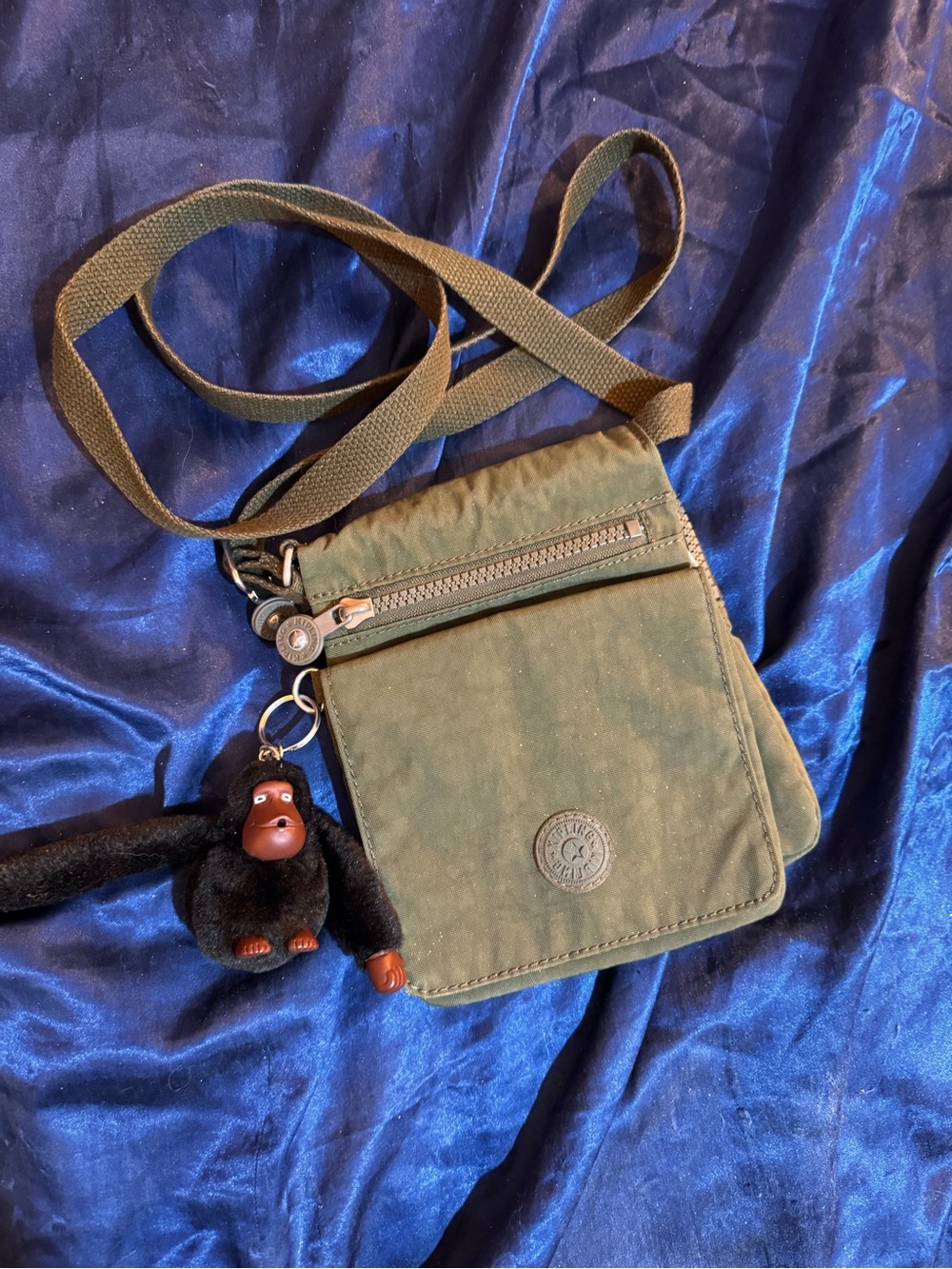 Kipling Olive Green Crossbody Pouch with Monkey Charm